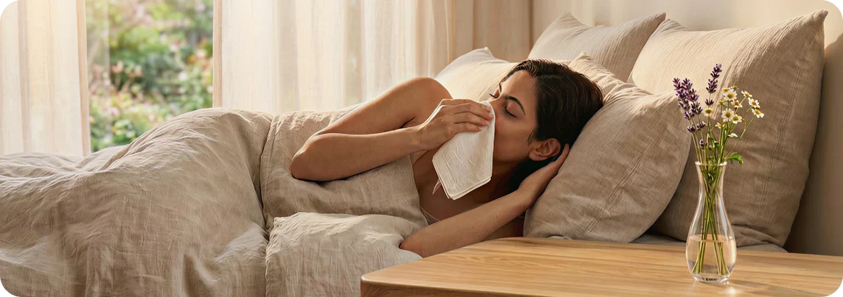 Young woman relaxing in bed with soft neutral bedding, enjoying a calm morning or resting during a recovery day.